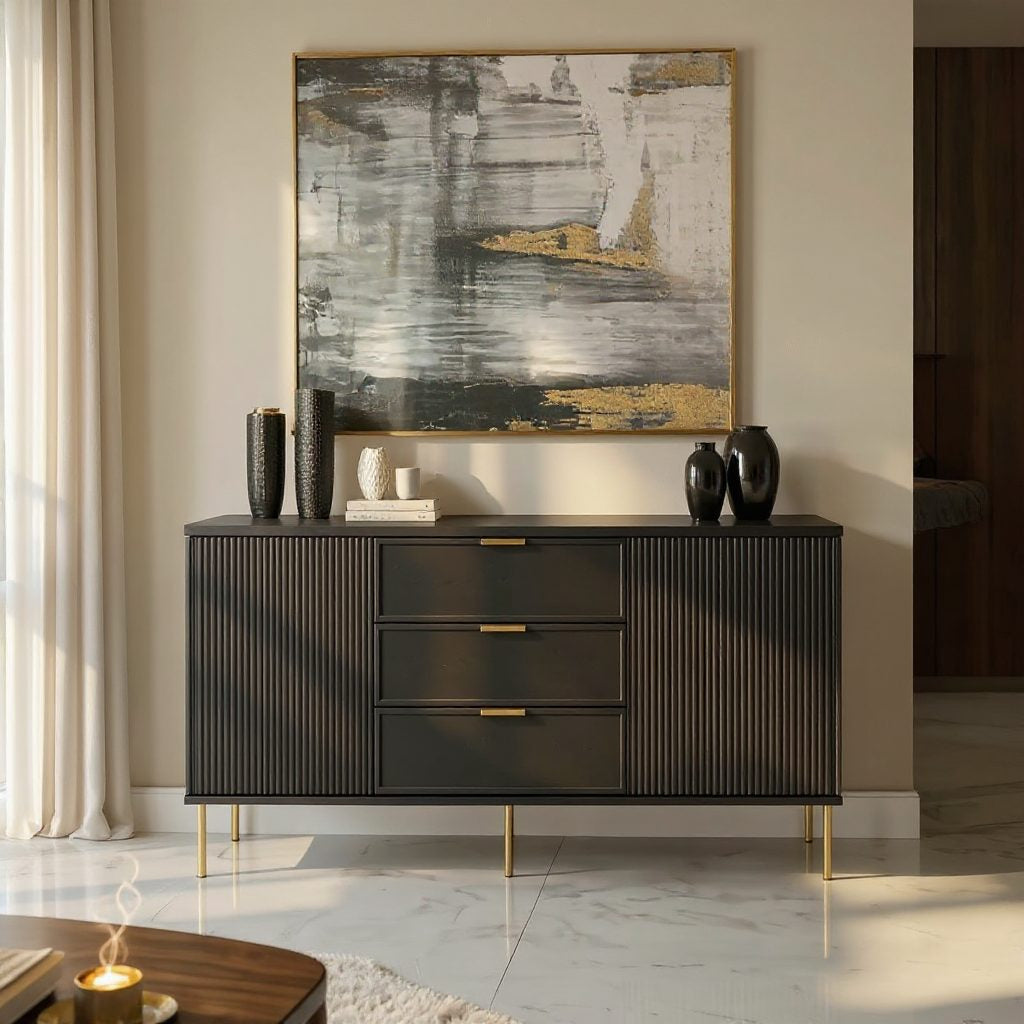 Comodă PORTOFINO neagră cu 3 sertare și 2 uși, MDF vopsit mat, 150x40x80 cm Arboteca