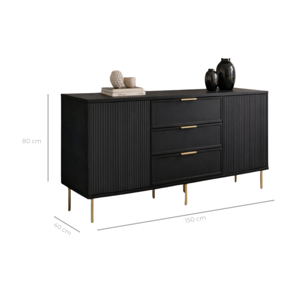 Comodă PORTOFINO neagră cu 3 sertare și 2 uși, MDF vopsit mat, 150x40x80 cm Arboteca