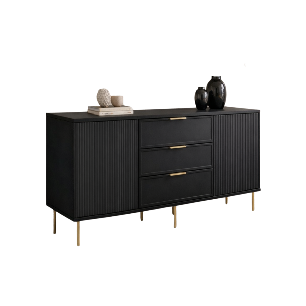 Comodă PORTOFINO neagră cu 3 sertare și 2 uși, MDF vopsit mat, 150x40x80 cm Arboteca