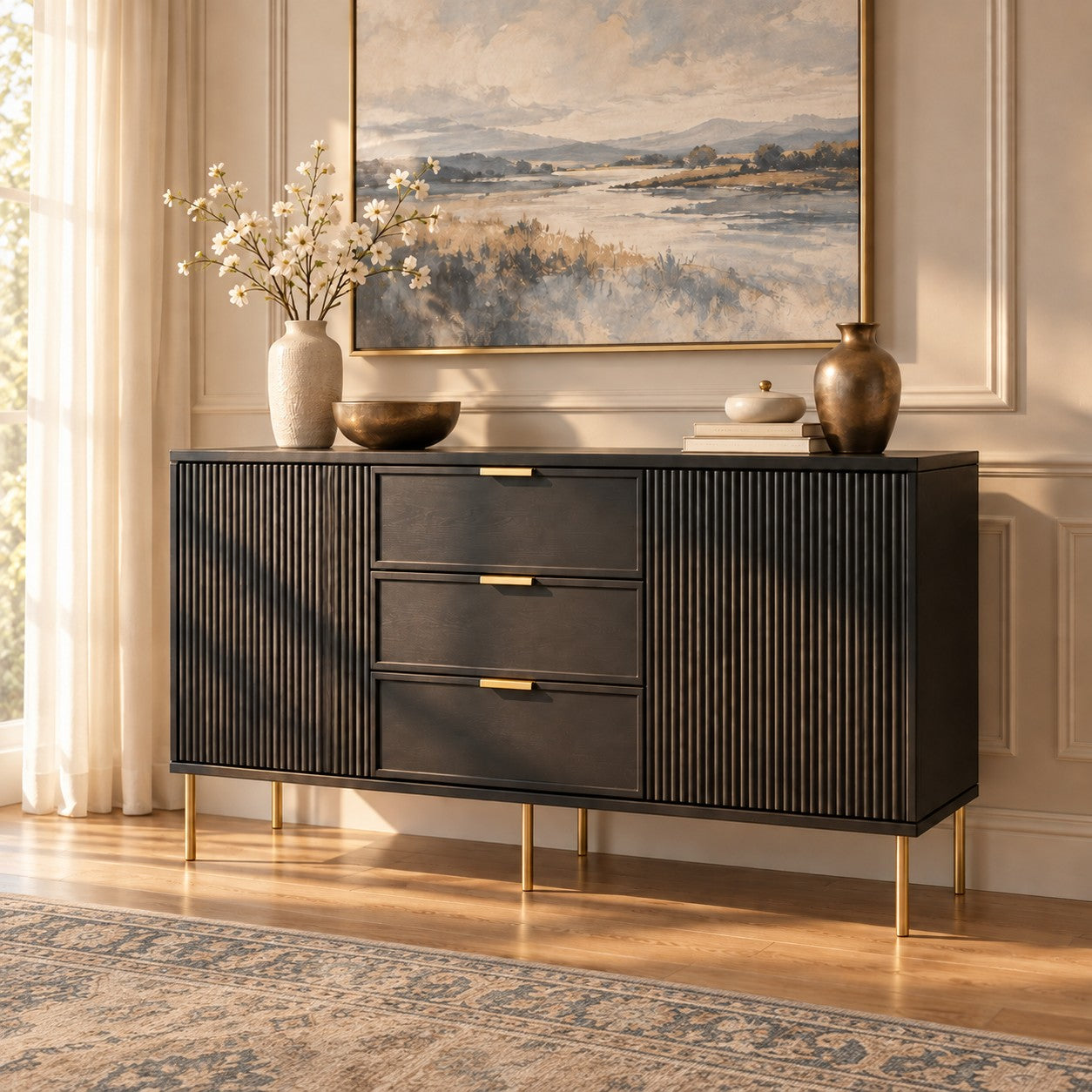 Comodă PORTOFINO neagră cu 3 sertare și 2 uși, MDF riflat vopsit mat, 150x40x80 cm Default Title Arboteca