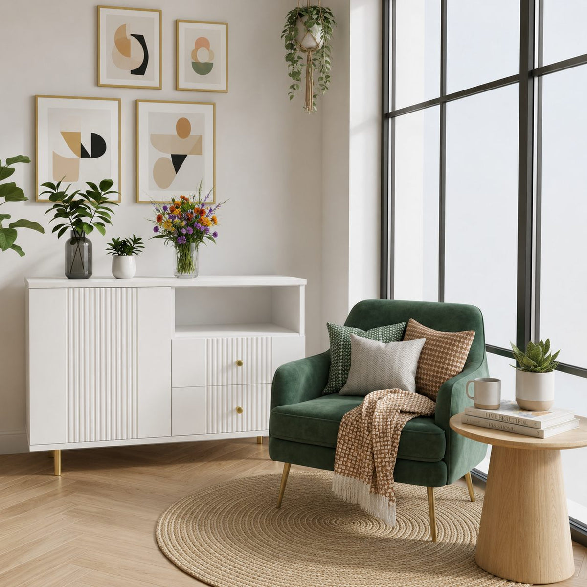Comodă RAVELLO albă cu 2 sertare și 1 ușă, MDF riflat vopsit, 105x40x80 cm Arboteca