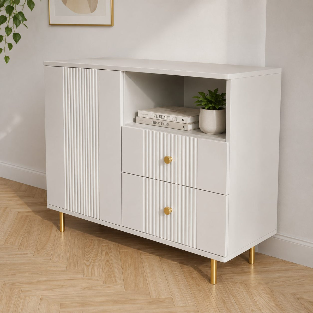 Comodă RAVELLO albă cu 2 sertare și 1 ușă, MDF riflat vopsit, 105x40x80 cm Arboteca