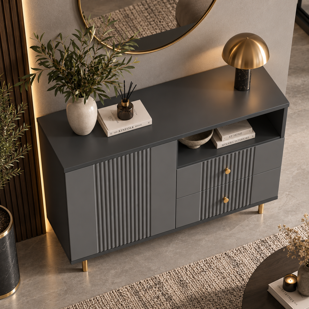 Comodă RAVELLO antracit cu 2 sertare și 1 ușă, MDF riflat vopsit, 105x40x80 cm Arboteca