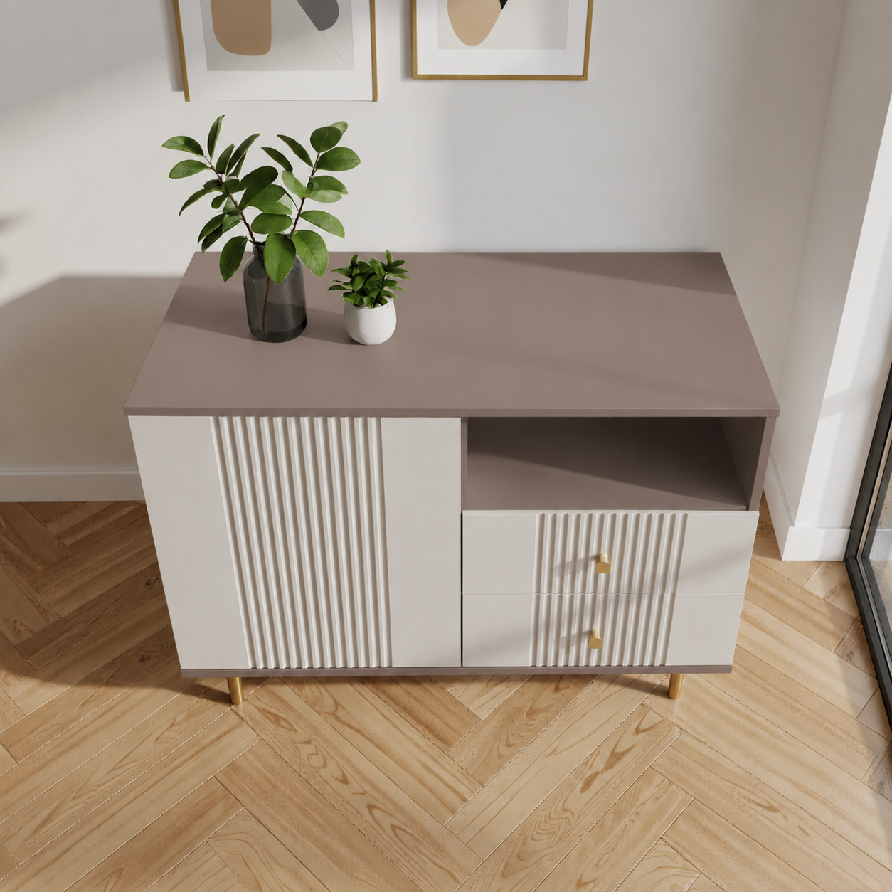 Comodă RAVELLO casmir bazalt cu 2 sertare și 1 ușă, MDF riflat vopsit, 105x40x80 cm Arboteca