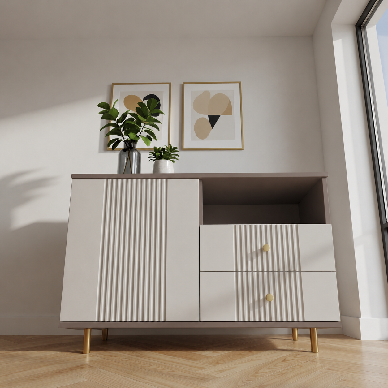 Comodă RAVELLO casmir bazalt cu 2 sertare și 1 ușă, MDF riflat vopsit, 105x40x80 cm Arboteca