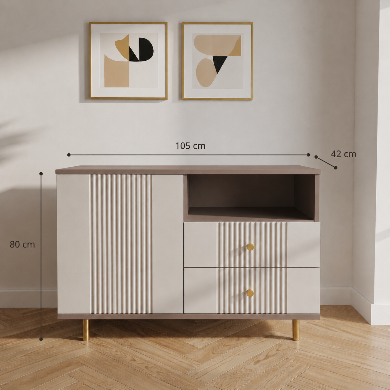 Comodă RAVELLO casmir bazalt cu 2 sertare și 1 ușă, MDF riflat vopsit, 105x40x80 cm Arboteca