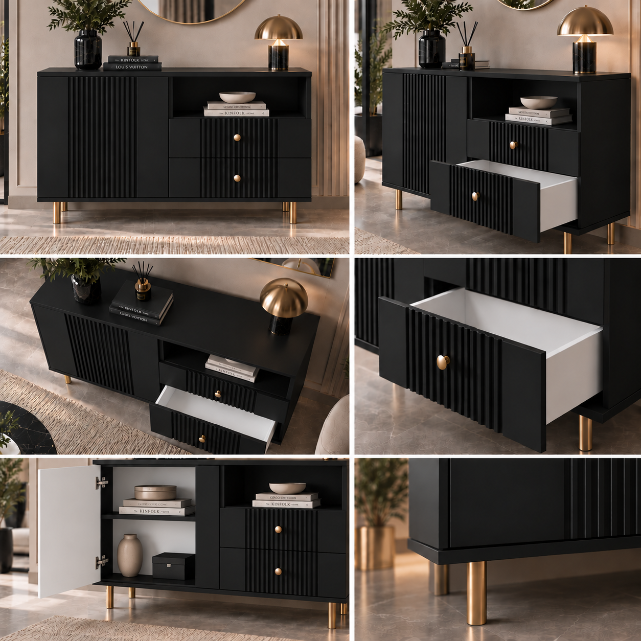 Comodă RAVELLO neagră cu 2 sertare și 1 ușă, MDF riflat vopsit, 105x40x80 cm Arboteca