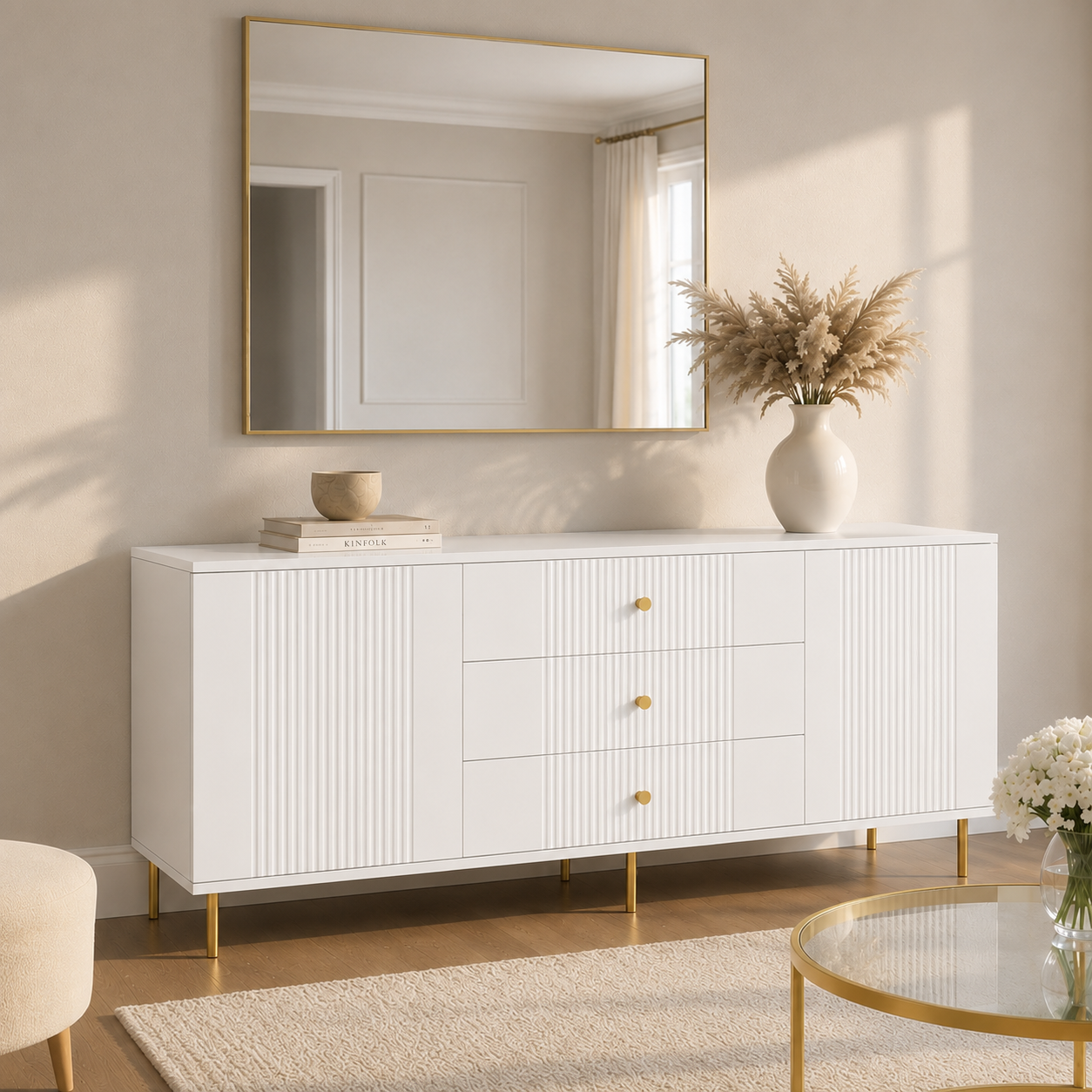 Comodă RAVELLO albă cu 3 sertare și 2 uși, fronturi riflate, 150x40x80 cm Arboteca