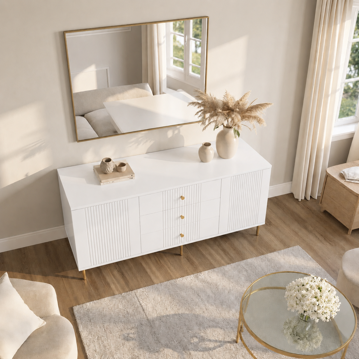 Comodă RAVELLO albă cu 3 sertare și 2 uși, fronturi riflate, 150x40x80 cm Arboteca