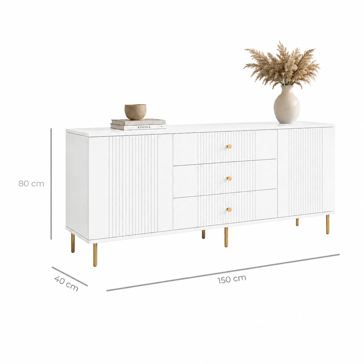 Comodă RAVELLO albă cu 3 sertare și 2 uși, fronturi riflate, 150x40x80 cm Arboteca