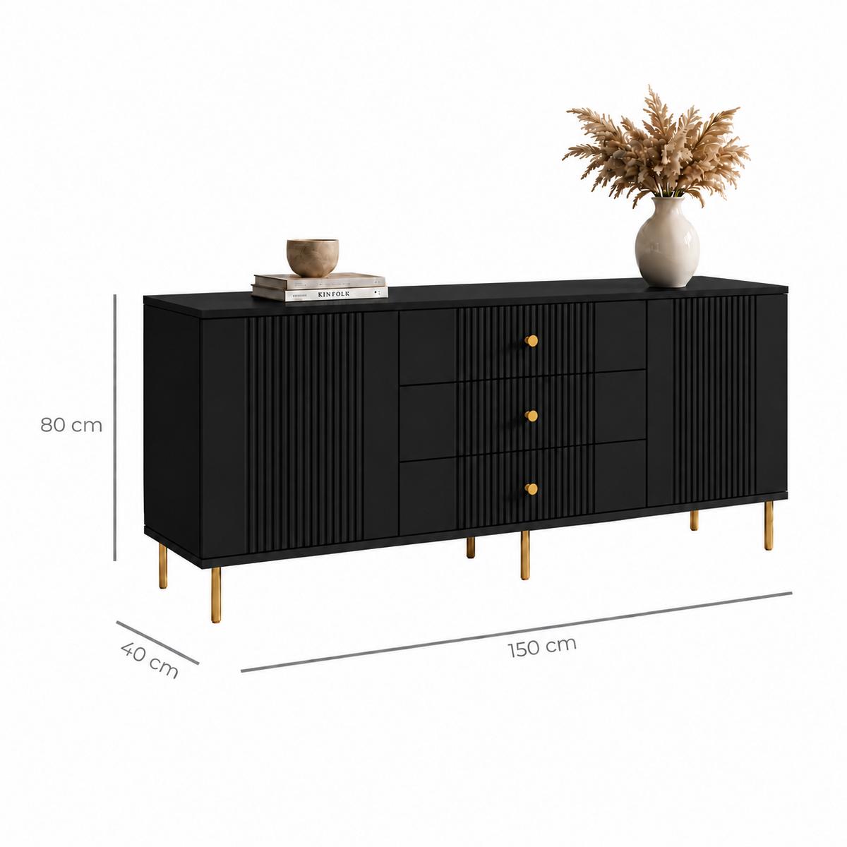 Comodă RAVELLO neagră cu 3 sertare și 2 uși, fronturi riflate, 150x40x80 cm Arboteca