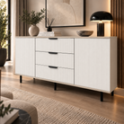 Comodă TERRACINA cu corp cașmir deschis, 3 sertare și 2 uși, fronturi MDF albe, 150x40x80 cm Arboteca