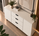 Comodă TERRACINA cu corp cașmir deschis, 3 sertare și 2 uși, fronturi MDF albe, 150x40x80 cm Arboteca