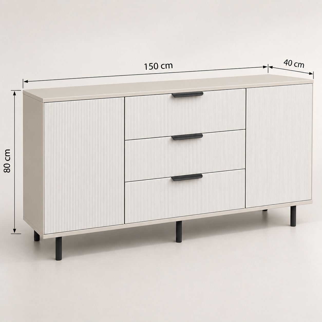 Comodă TERRACINA cu corp cașmir deschis, 3 sertare și 2 uși, fronturi MDF albe, 150x40x80 cm Arboteca