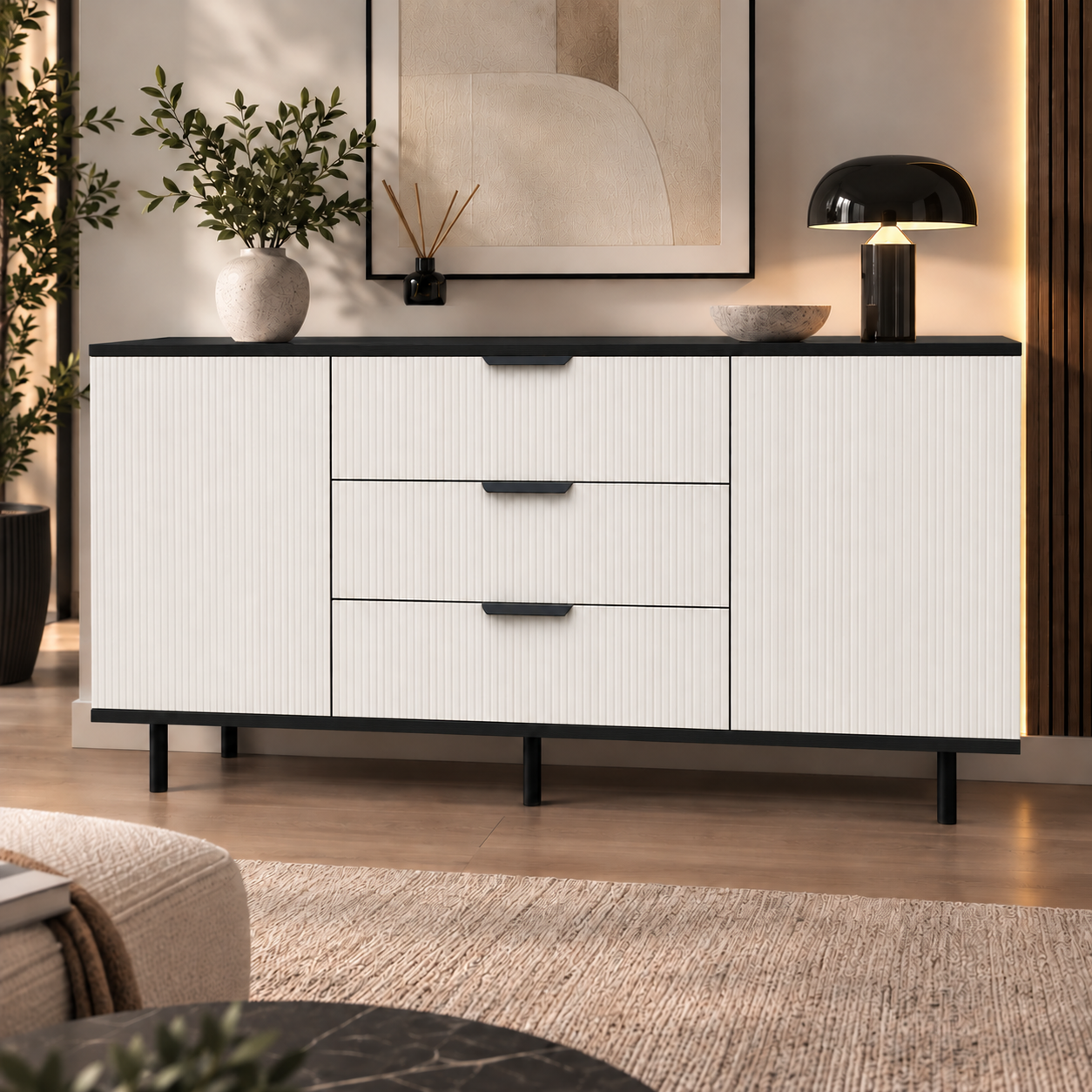 Comodă TERRACINA cu corp negru, 3 sertare și 2 uși, fronturi MDF albe, 150x40x80 cm Default Title Arboteca