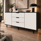 Comodă TERRACINA cu corp negru, 3 sertare și 2 uși, fronturi MDF albe, 150x40x80 cm Arboteca