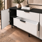 Comodă TERRACINA cu corp negru, 3 sertare și 2 uși, fronturi MDF albe, 150x40x80 cm Arboteca
