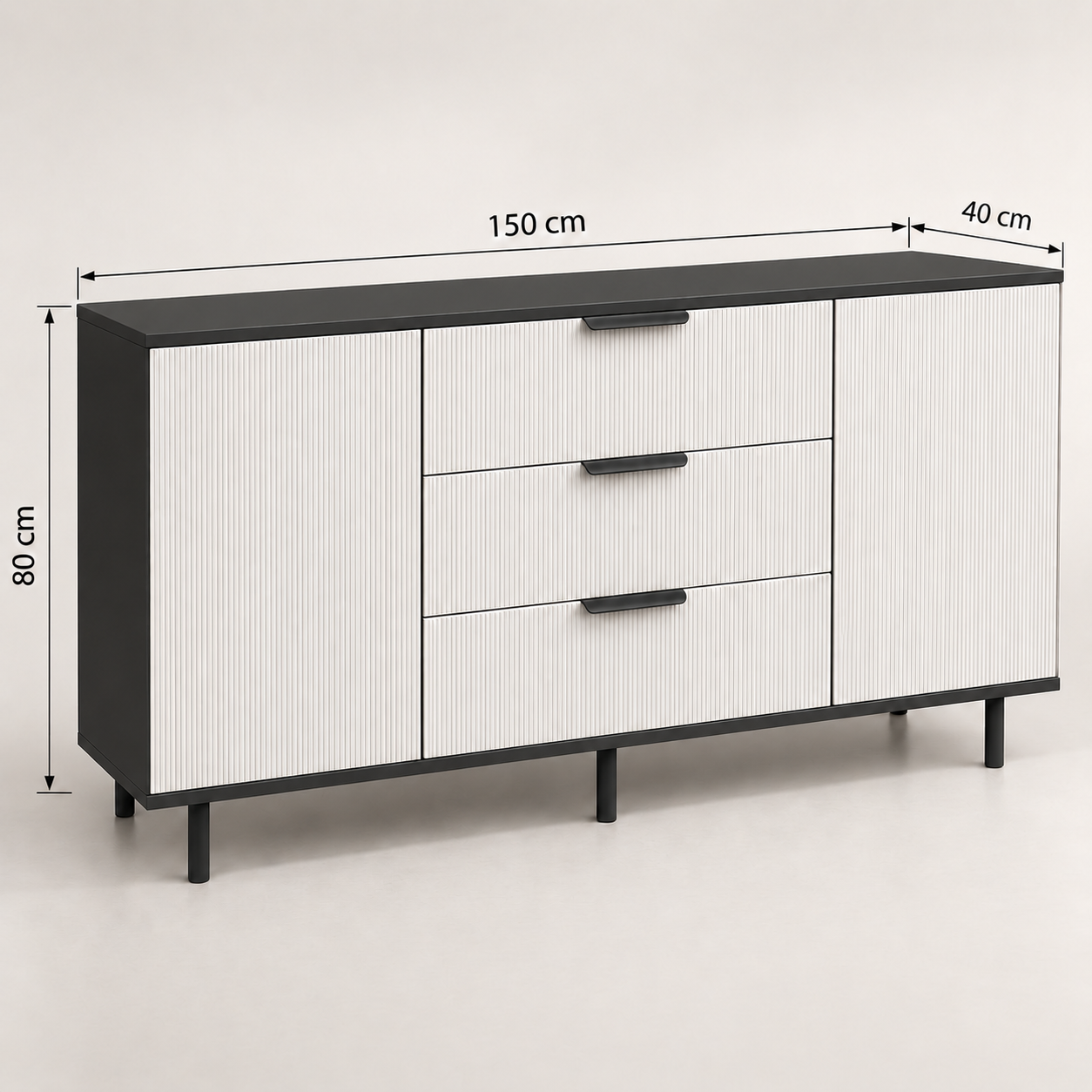 Comodă TERRACINA cu corp negru, 3 sertare și 2 uși, fronturi MDF albe, 150x40x80 cm Arboteca