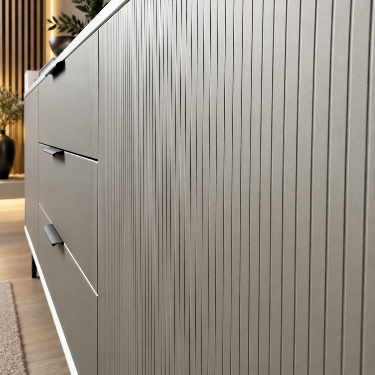 Comodă TERRACINA cu corp alb, 3 sertare și 2 uși, fronturi MDF melaminat gri, 150x40x80 cm Arboteca