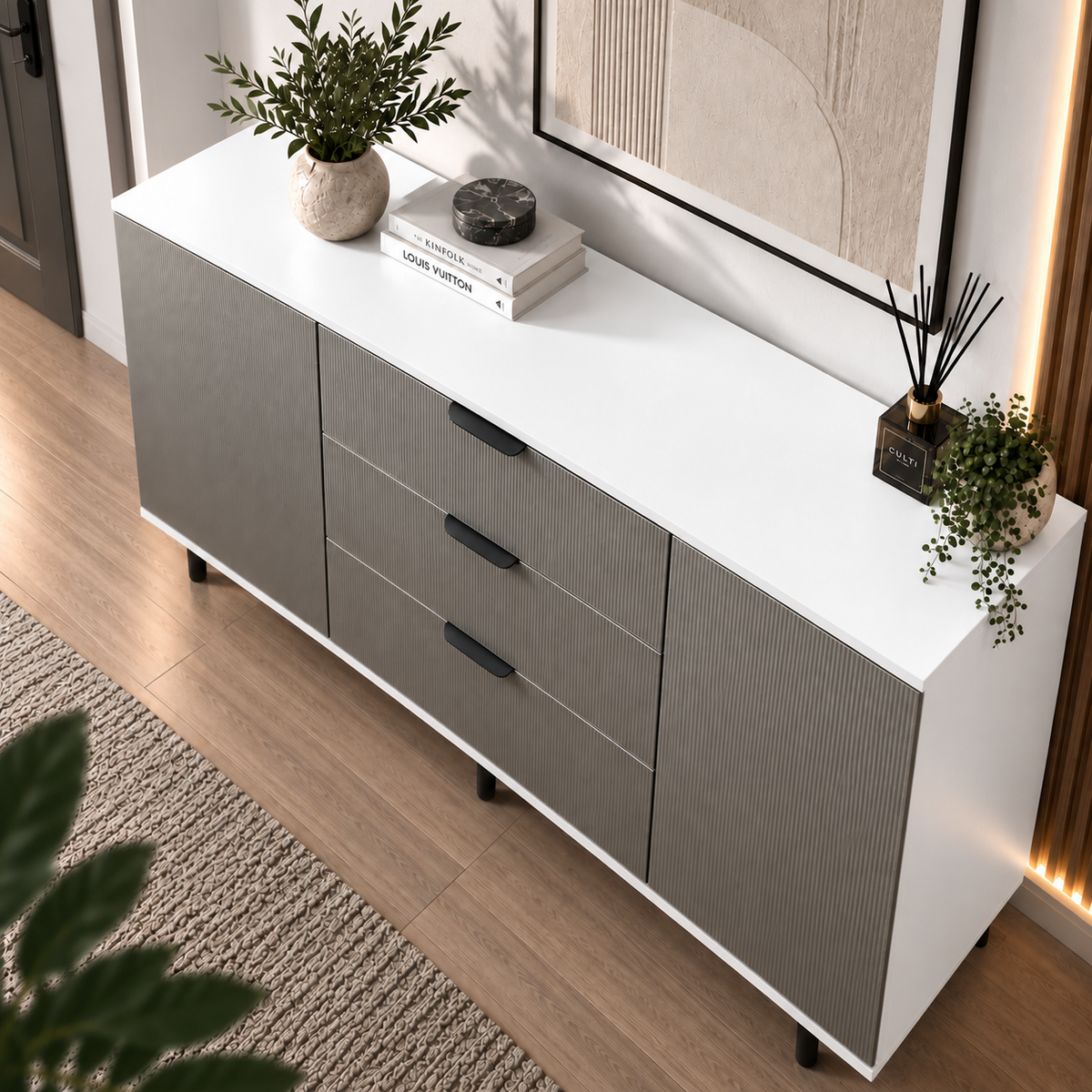 Comodă TERRACINA cu corp alb, 3 sertare și 2 uși, fronturi MDF melaminat gri, 150x40x80 cm Arboteca