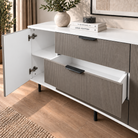 Comodă TERRACINA cu corp alb, 3 sertare și 2 uși, fronturi MDF melaminat gri, 150x40x80 cm Arboteca