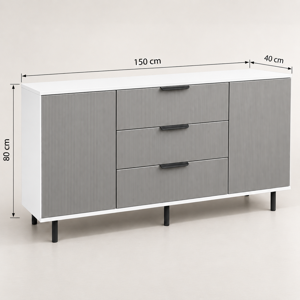 Comodă TERRACINA cu corp alb, 3 sertare și 2 uși, fronturi MDF melaminat gri, 150x40x80 cm Arboteca