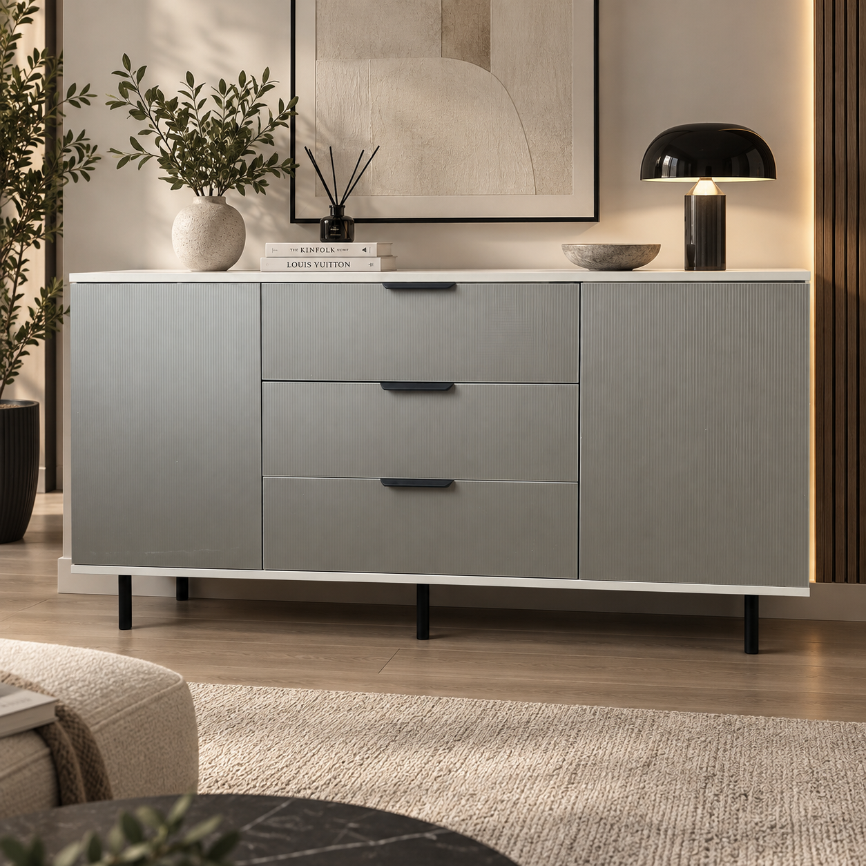 Comodă TERRACINA cu corp casmir deschis, 3 sertare și 2 uși, fronturi MDF melaminat gri, 150x40x80 cm Default Title Arboteca