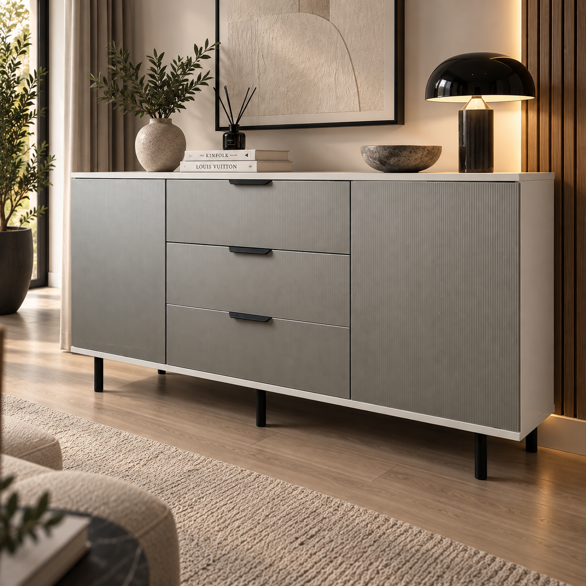 Comodă TERRACINA cu corp casmir deschis, 3 sertare și 2 uși, fronturi MDF melaminat gri, 150x40x80 cm Arboteca