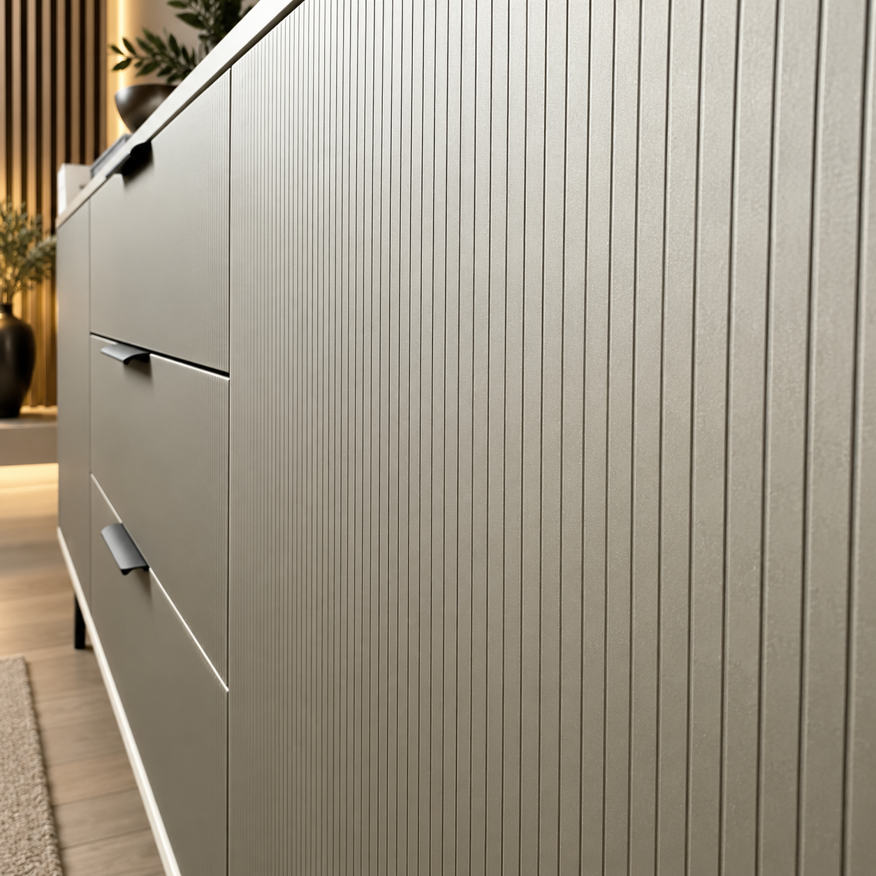 Comodă TERRACINA cu corp casmir deschis, 3 sertare și 2 uși, fronturi MDF melaminat gri, 150x40x80 cm Arboteca