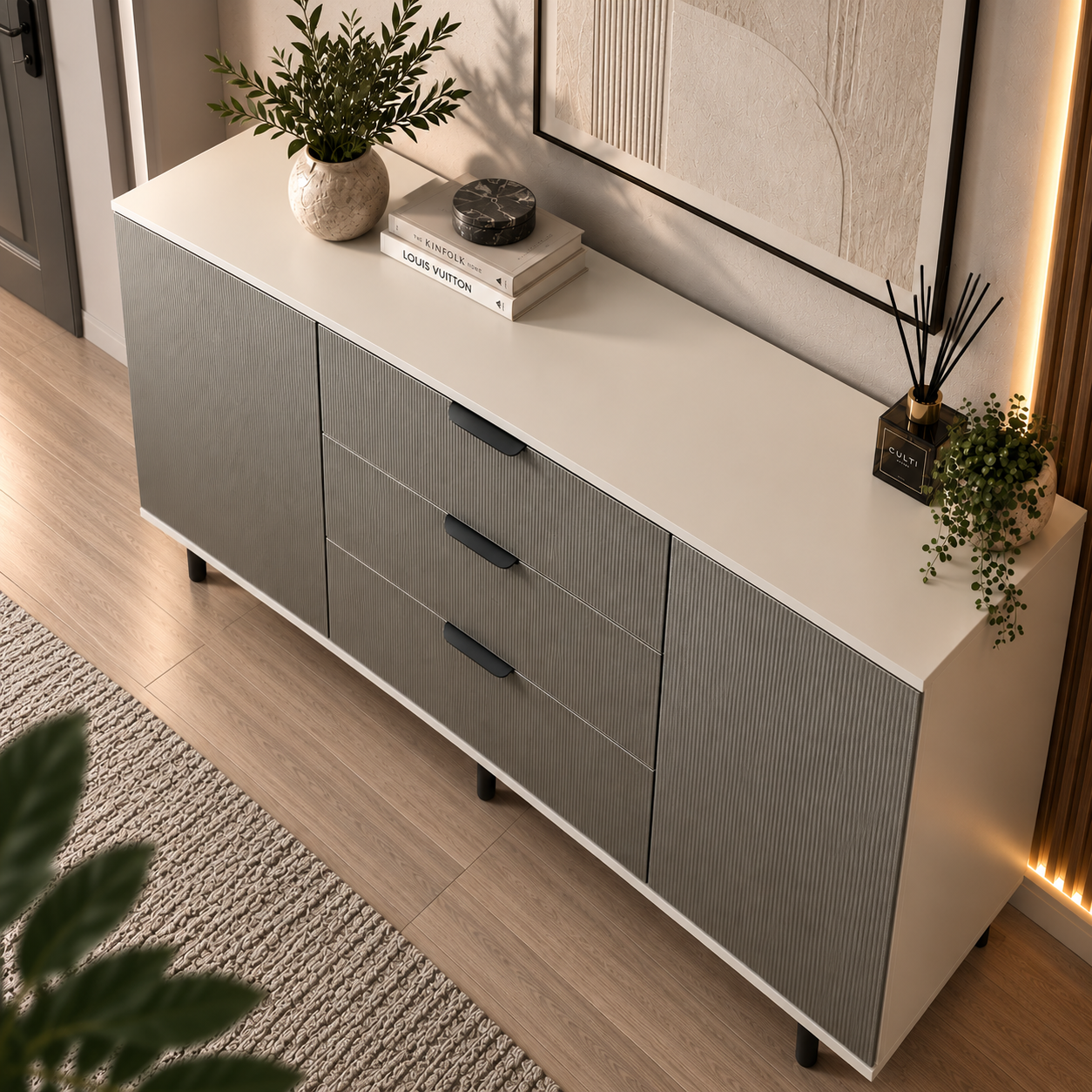 Comodă TERRACINA cu corp casmir deschis, 3 sertare și 2 uși, fronturi MDF melaminat gri, 150x40x80 cm Arboteca