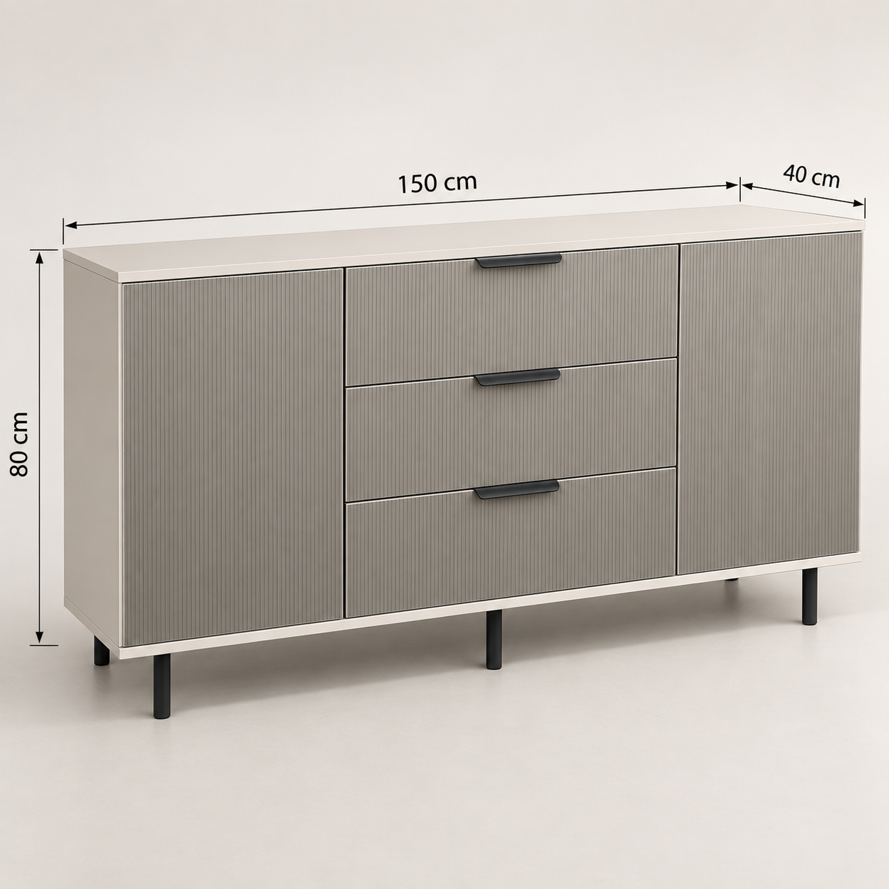 Comodă TERRACINA cu corp casmir deschis, 3 sertare și 2 uși, fronturi MDF melaminat gri, 150x40x80 cm Arboteca