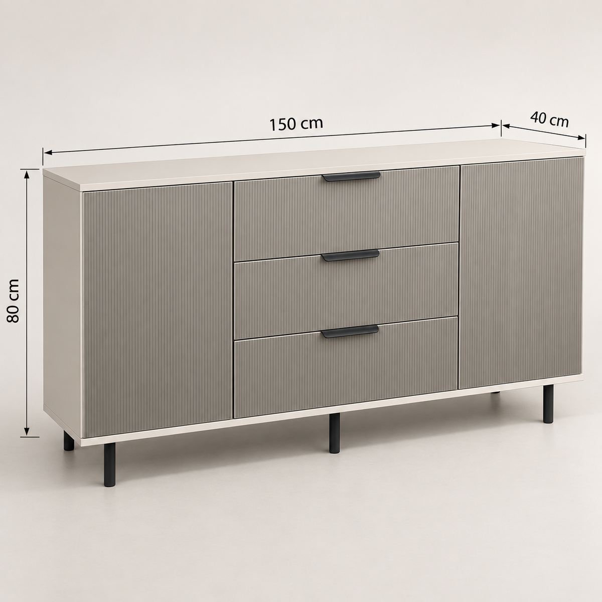 Comodă TERRACINA cu corp casmir deschis, 3 sertare și 2 uși, fronturi MDF melaminat gri, 150x40x80 cm Arboteca
