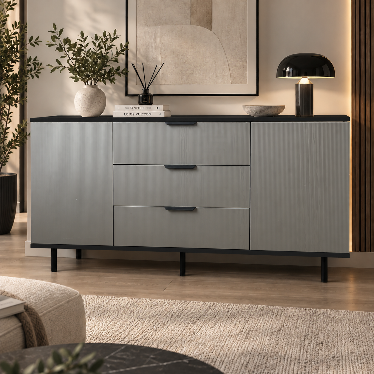Comodă TERRACINA cu corp negru, 3 sertare și 2 uși, fronturi MDF melaminat gri, 150x40x80 cm Default Title Arboteca