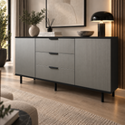 Comodă TERRACINA cu corp negru, 3 sertare și 2 uși, fronturi MDF melaminat gri, 150x40x80 cm Arboteca