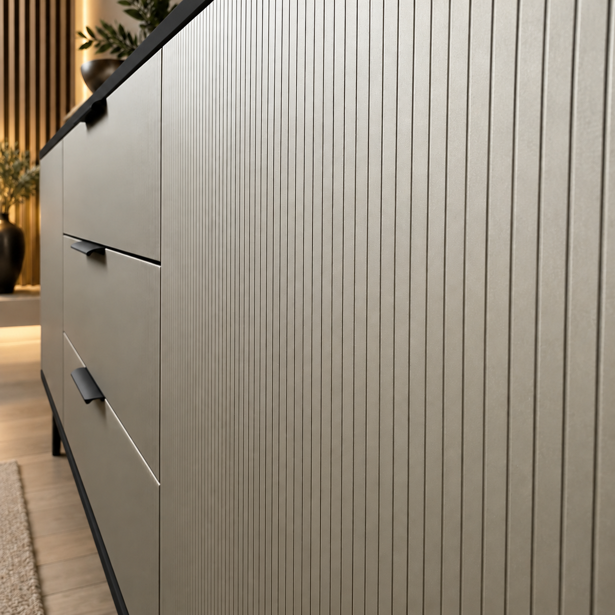 Comodă TERRACINA cu corp negru, 3 sertare și 2 uși, fronturi MDF melaminat gri, 150x40x80 cm Arboteca