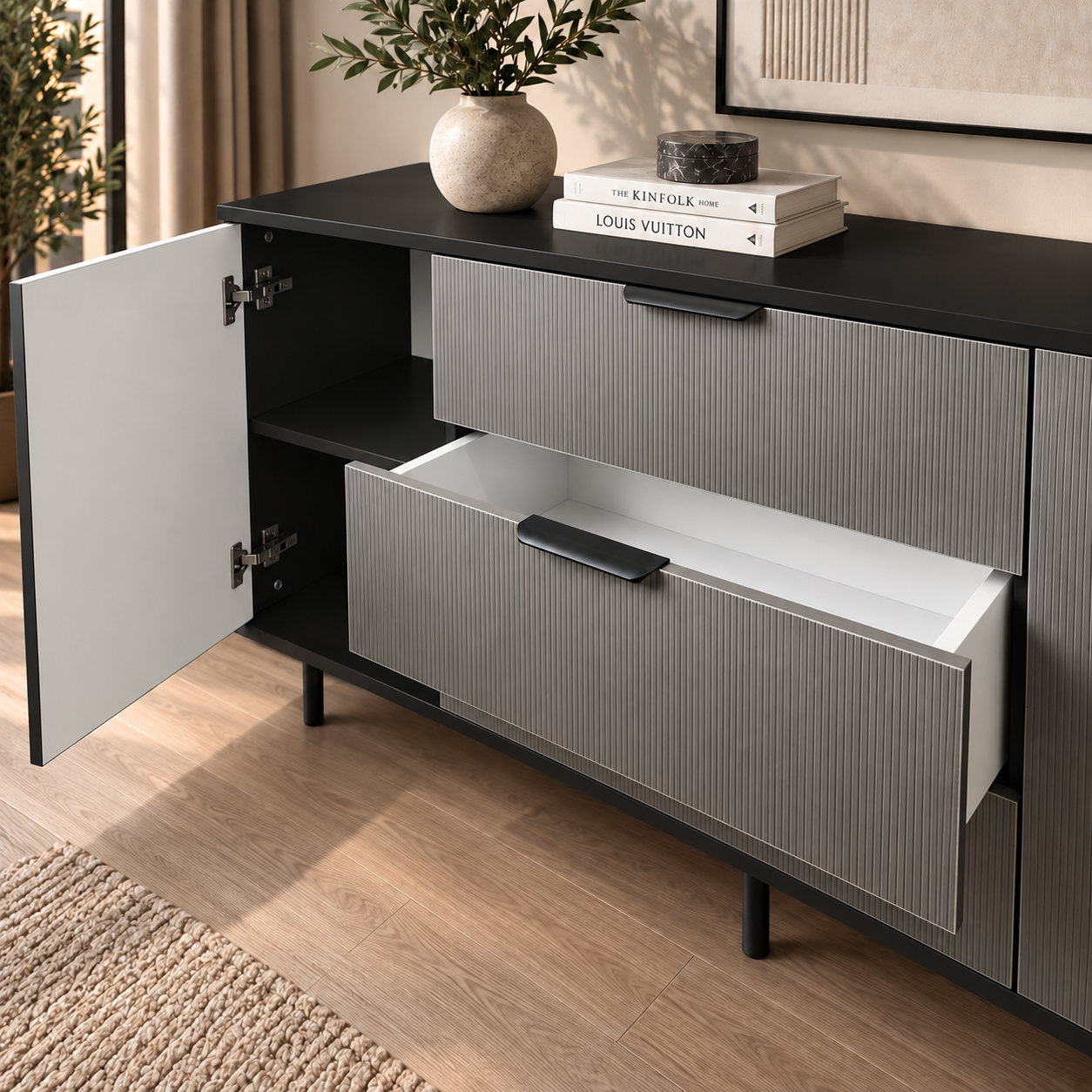 Comodă TERRACINA cu corp negru, 3 sertare și 2 uși, fronturi MDF melaminat gri, 150x40x80 cm Arboteca