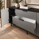 Comodă TERRACINA cu corp negru, 3 sertare și 2 uși, fronturi MDF melaminat gri, 150x40x80 cm Arboteca