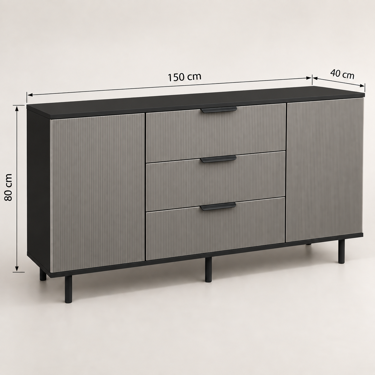 Comodă TERRACINA cu corp negru, 3 sertare și 2 uși, fronturi MDF melaminat gri, 150x40x80 cm Arboteca