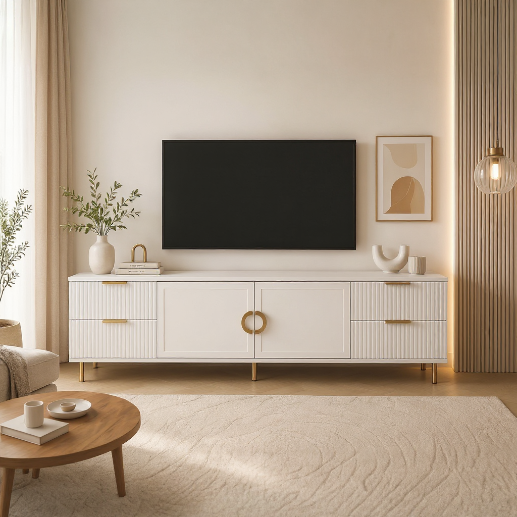 Comodă TV CASARES albă cu 2 uși și 4 sertare, MDF riflat vopsit, 200x42x58 cm Default Title Arboteca
