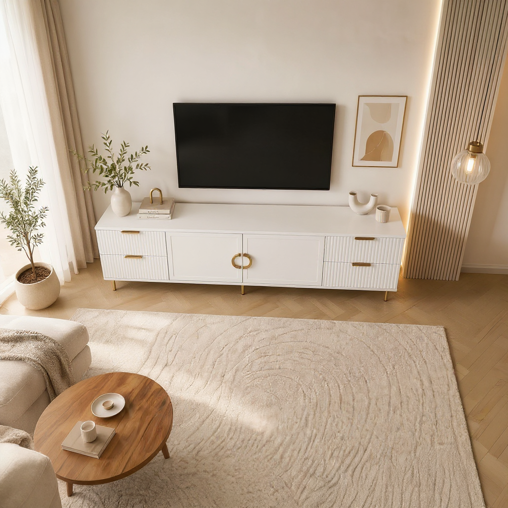 Comodă TV CASARES albă cu 2 uși și 4 sertare, MDF riflat vopsit, 200x42x58 cm Arboteca