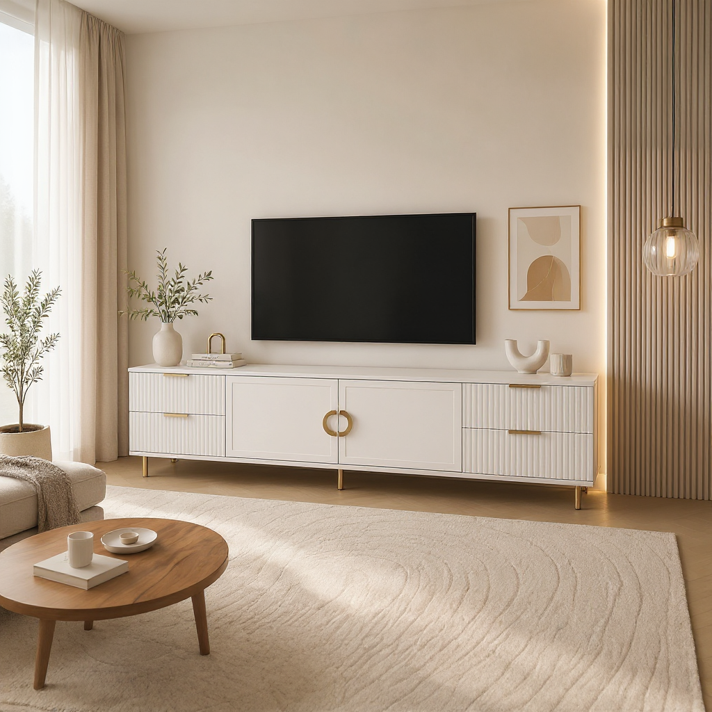 Comodă TV CASARES albă cu 2 uși și 4 sertare, MDF riflat vopsit, 200x42x58 cm Arboteca