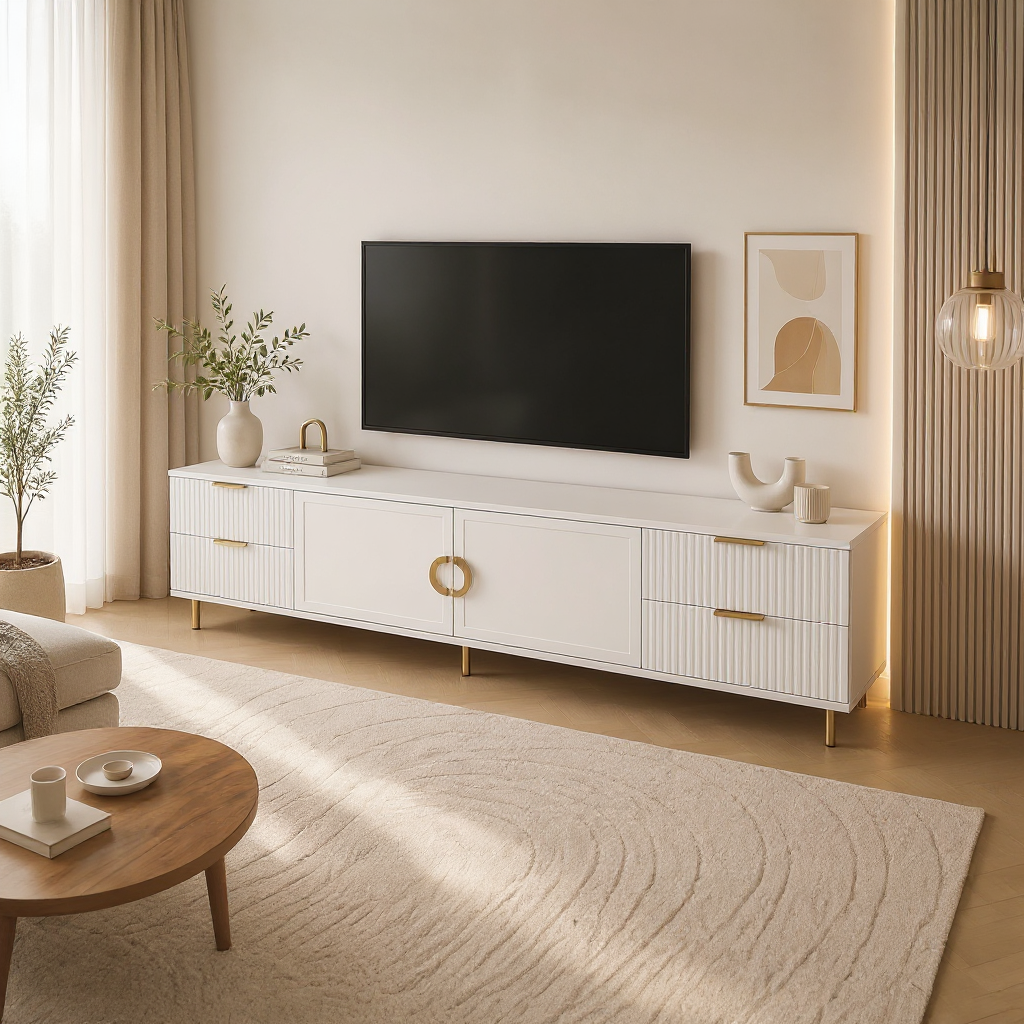 Comodă TV CASARES albă cu 2 uși și 4 sertare, MDF riflat vopsit, 200x42x58 cm Arboteca
