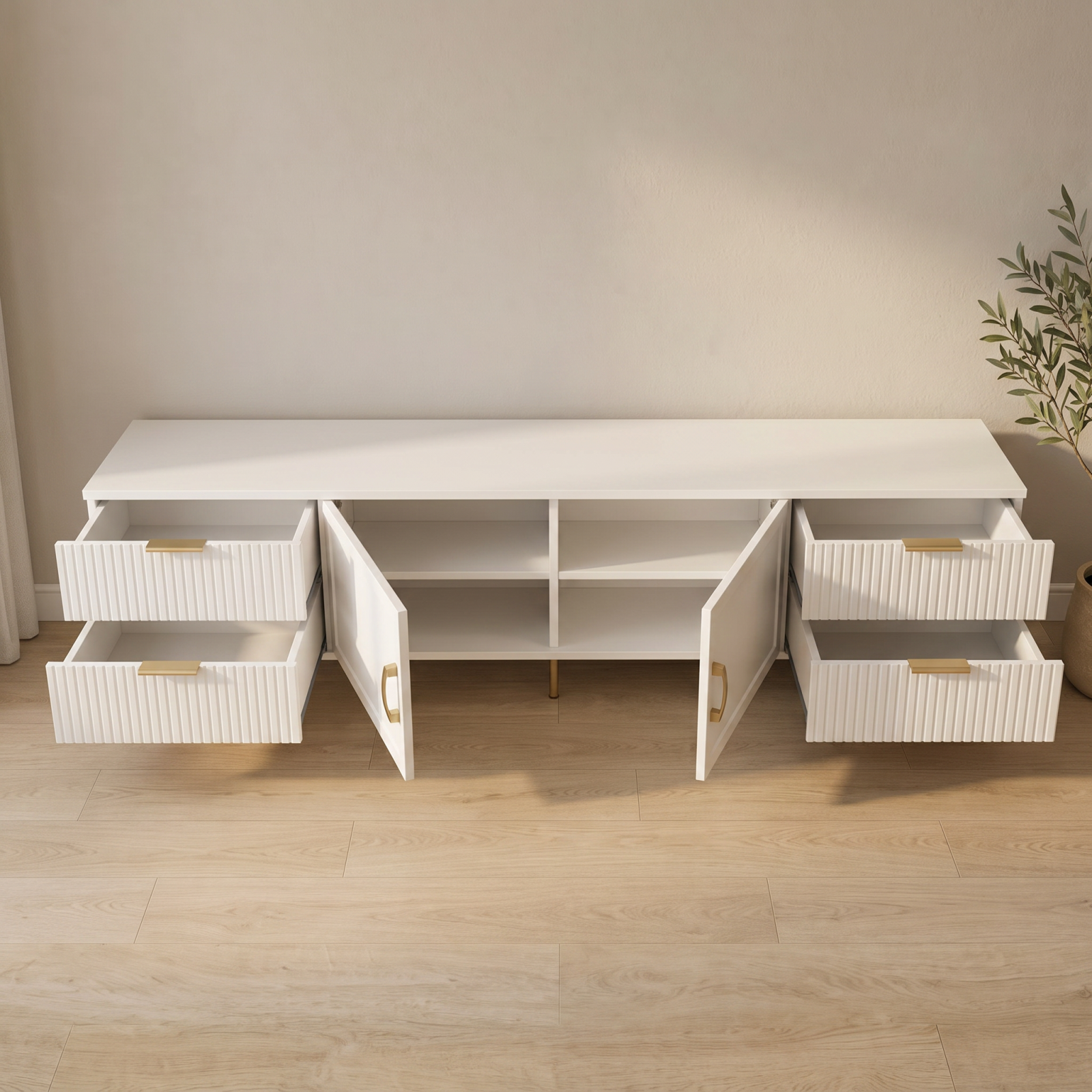 Comodă TV CASARES albă cu 2 uși și 4 sertare, MDF riflat vopsit, 200x42x58 cm Arboteca