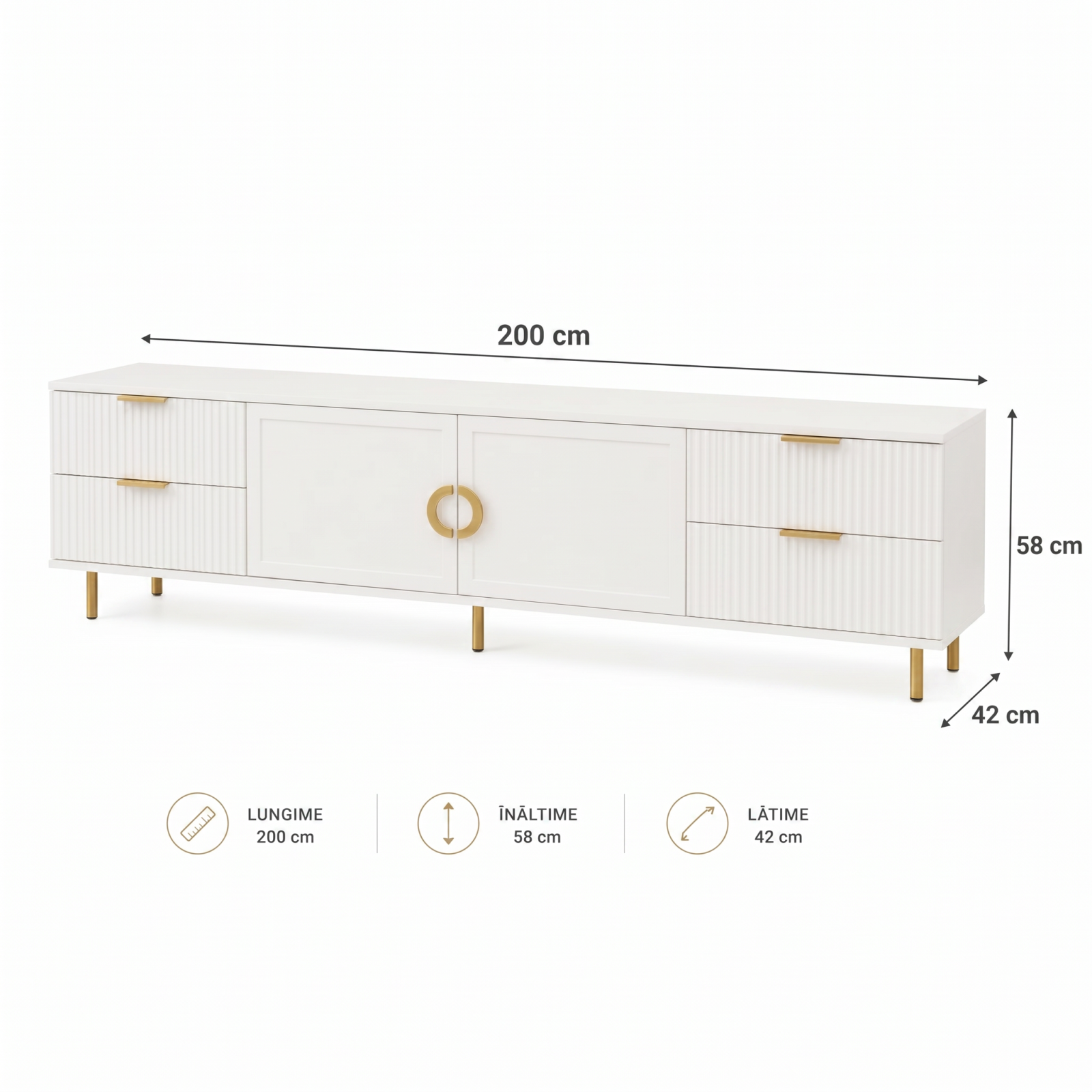Comodă TV CASARES albă cu 2 uși și 4 sertare, MDF riflat vopsit, 200x42x58 cm Arboteca