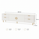 Comodă TV CASARES albă cu 2 uși și 4 sertare, MDF riflat vopsit, 200x42x58 cm Arboteca