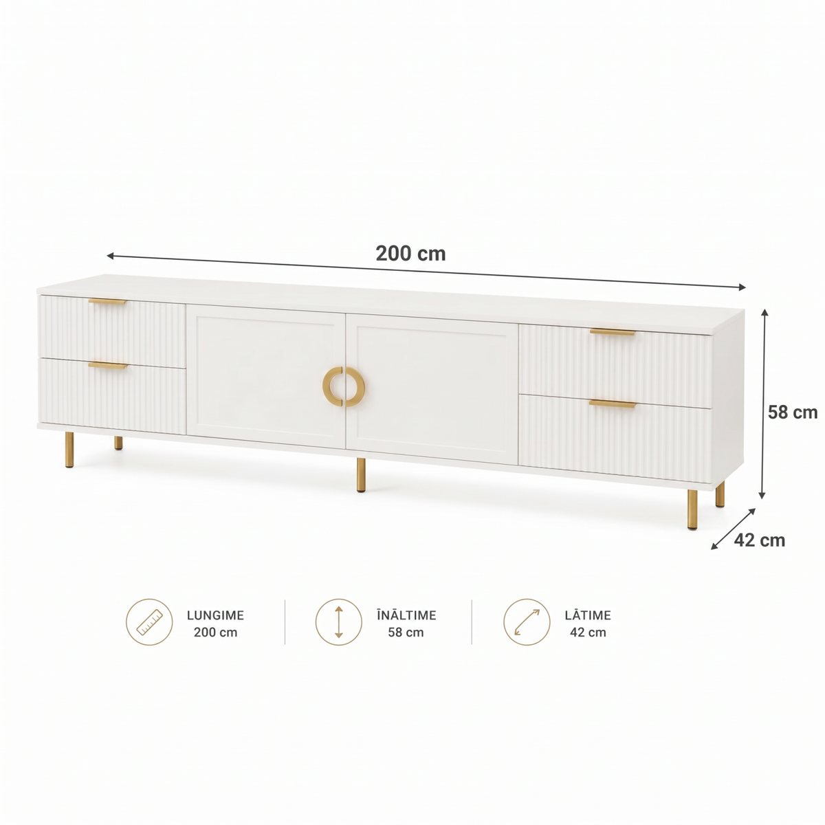 Comodă TV CASARES albă cu 2 uși și 4 sertare, MDF riflat vopsit, 200x42x58 cm Arboteca