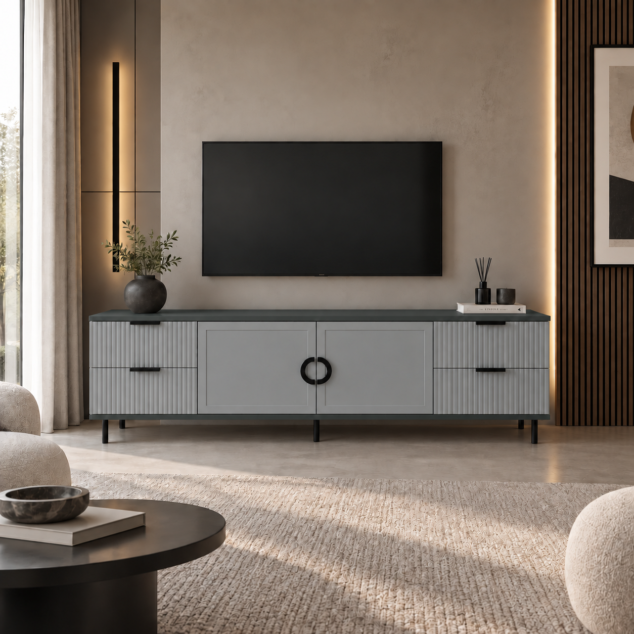 Comodă TV CASARES antracit cu 2 uși și 4 sertare, MDF riflat vopsit, 200x42x58 cm Default Title Arboteca