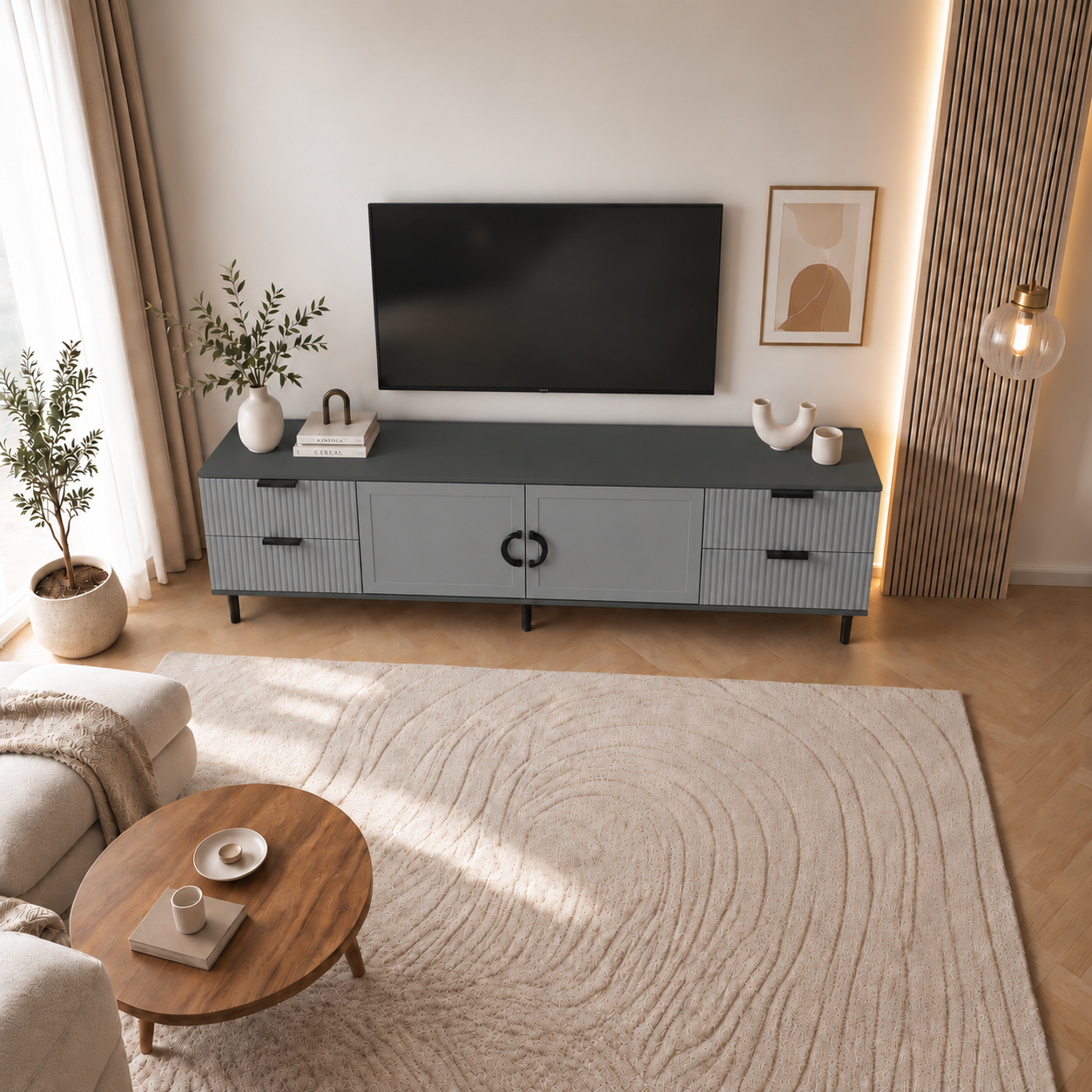 Comodă TV CASARES antracit cu 2 uși și 4 sertare, MDF riflat vopsit, 200x42x58 cm Arboteca
