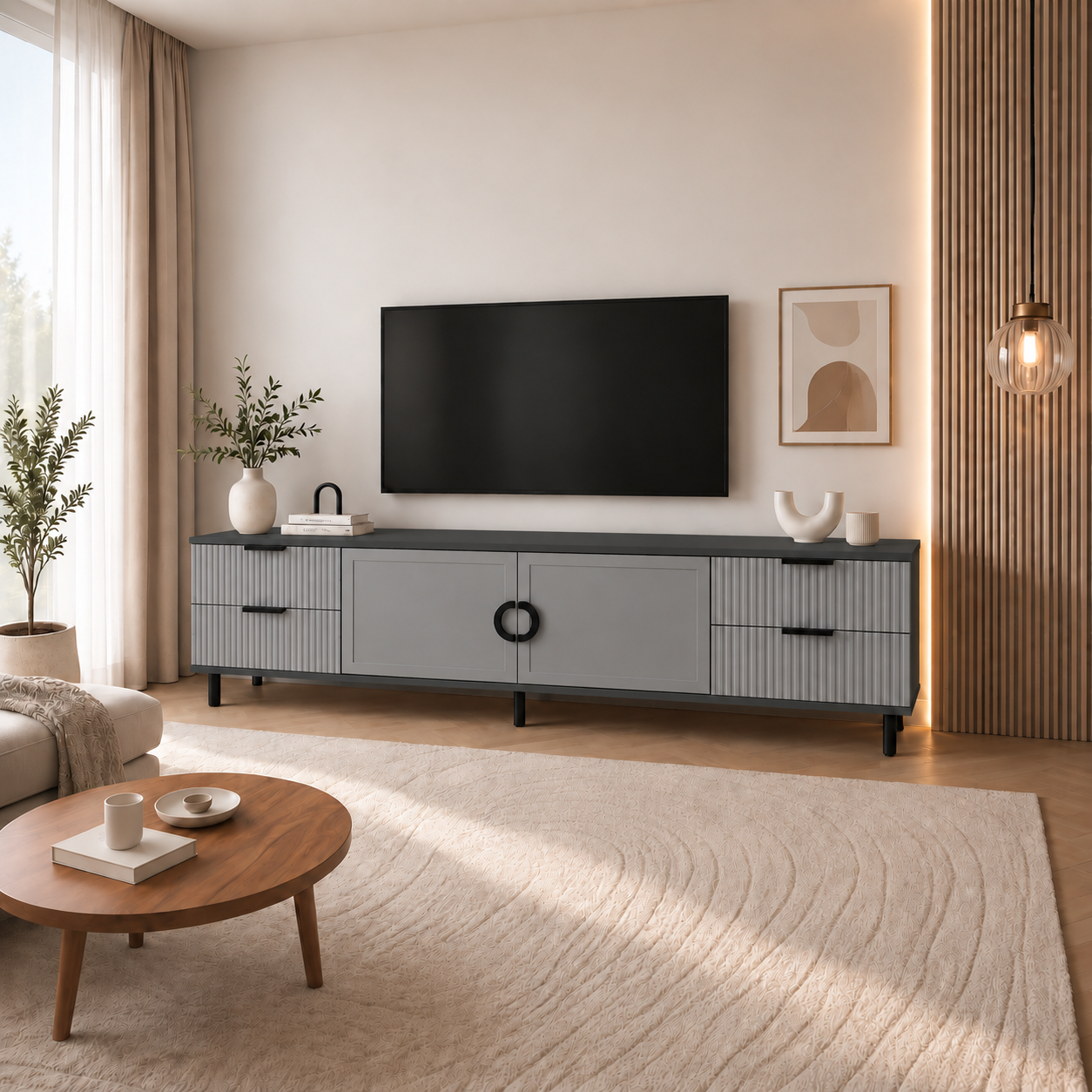 Comodă TV CASARES antracit cu 2 uși și 4 sertare, MDF riflat vopsit, 200x42x58 cm Arboteca