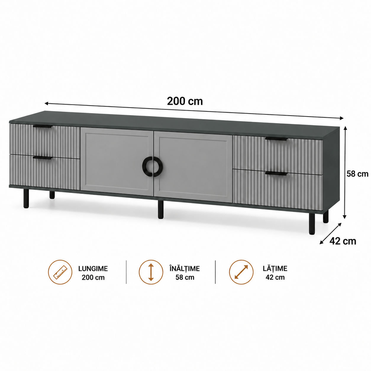 Comodă TV CASARES antracit cu 2 uși și 4 sertare, MDF riflat vopsit, 200x42x58 cm Arboteca